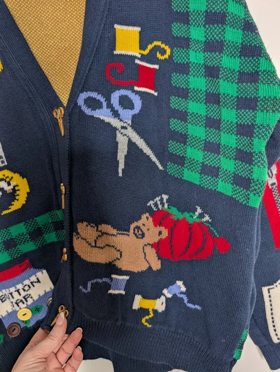 Vintage Sweater Loft Novelty Cardigan Large Sewing Craft Knit Made USA - Picture 3 of 9